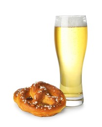 Photo of Tasty pretzel and glass of beer isolated on white