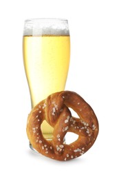 Photo of Tasty pretzel and glass of beer isolated on white