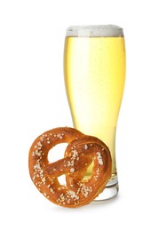 Photo of Tasty pretzel and glass of beer isolated on white