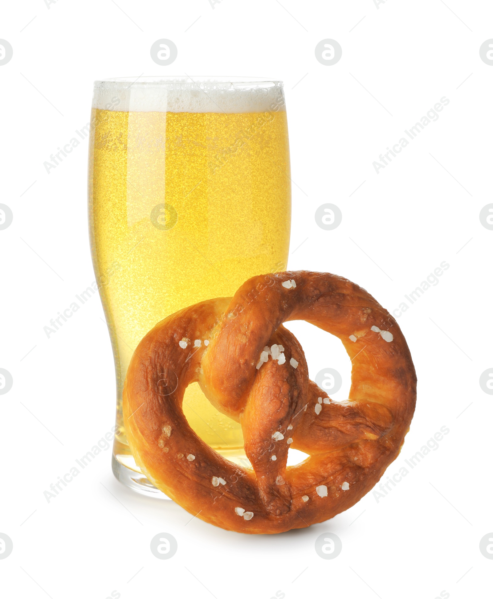 Tasty pretzel and glass of beer isolated on white Photo of Tasty pretzel and glass of beer isolated on white