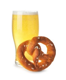 Photo of Tasty pretzel and glass of beer isolated on white