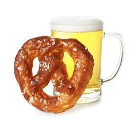 Photo of Tasty pretzel and glass of beer isolated on white