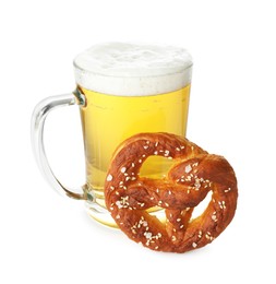 Photo of Tasty pretzel and glass of beer isolated on white
