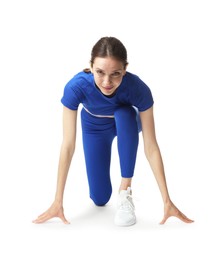 Photo of Runner in starting position on white background