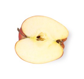 Photo of Half of damaged apple isolated on white, top view