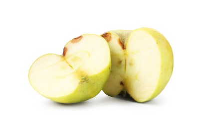Photo of Halves of rotting apple isolated on white