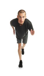 Photo of Man in sportswear running on white background