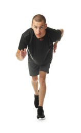 Photo of Man in sportswear running on white background