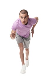 Photo of Man in sportswear running on white background