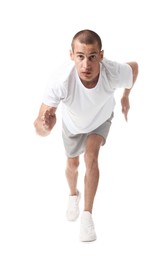 Photo of Man in sportswear running on white background