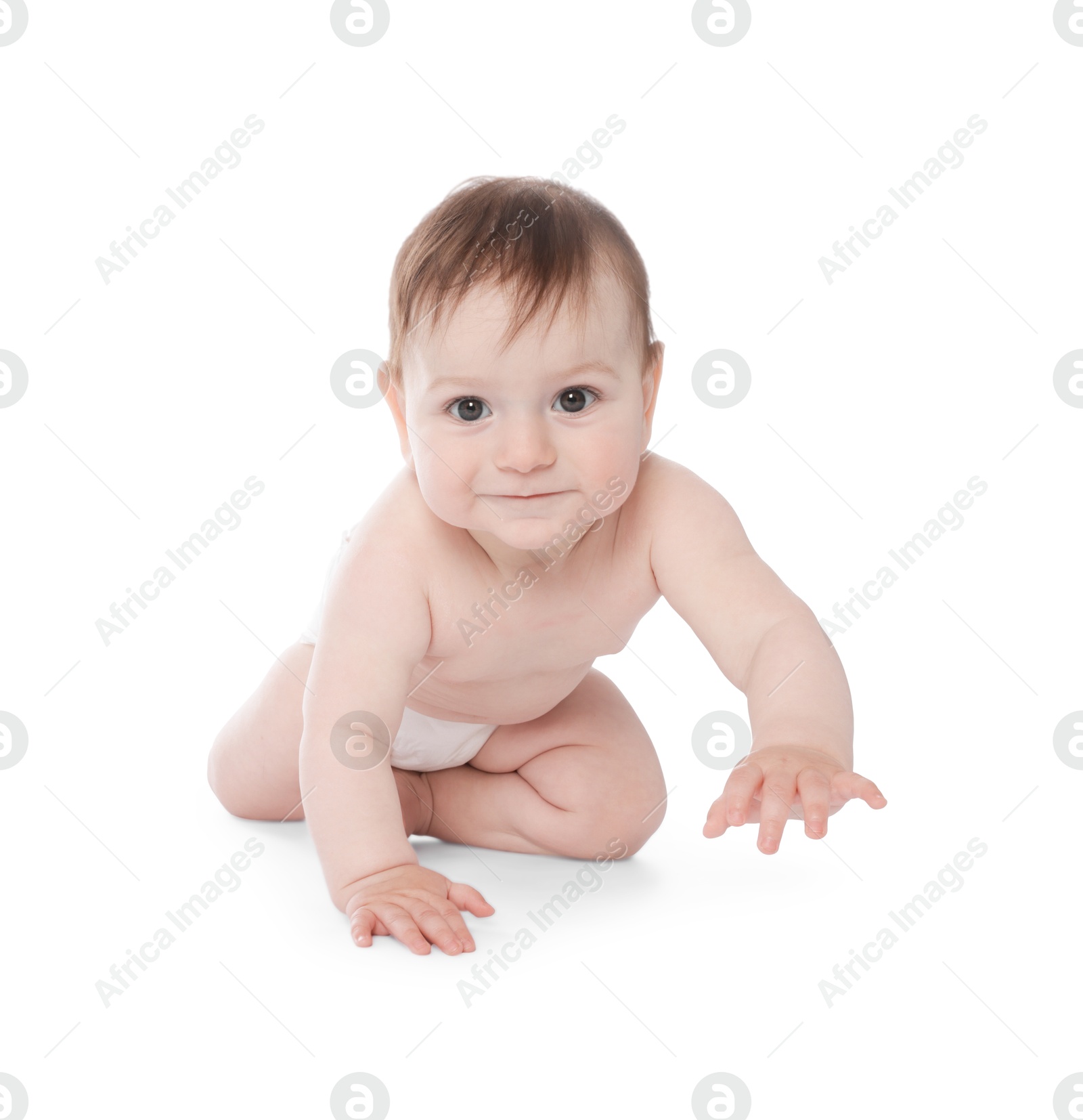 Cute little baby crawling on white background Photo of Cute little baby crawling on white background