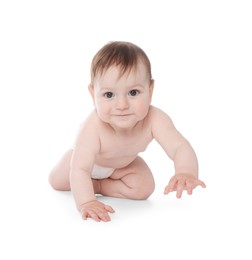 Photo of Cute little baby crawling on white background