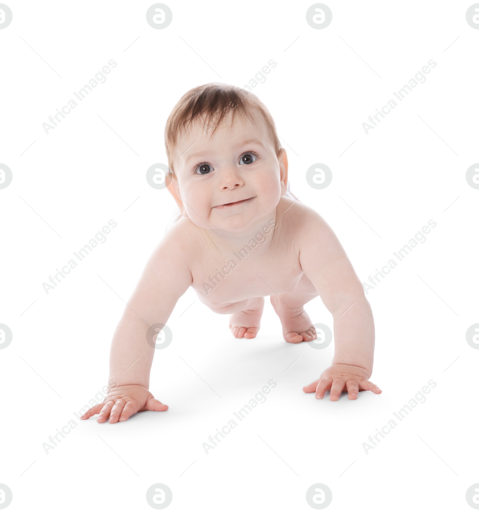 Cute little baby crawling on white background Photo of Cute little baby crawling on white background