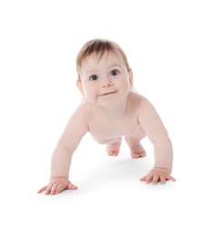 Photo of Cute little baby crawling on white background