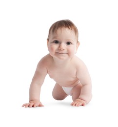 Photo of Cute little baby crawling on white background