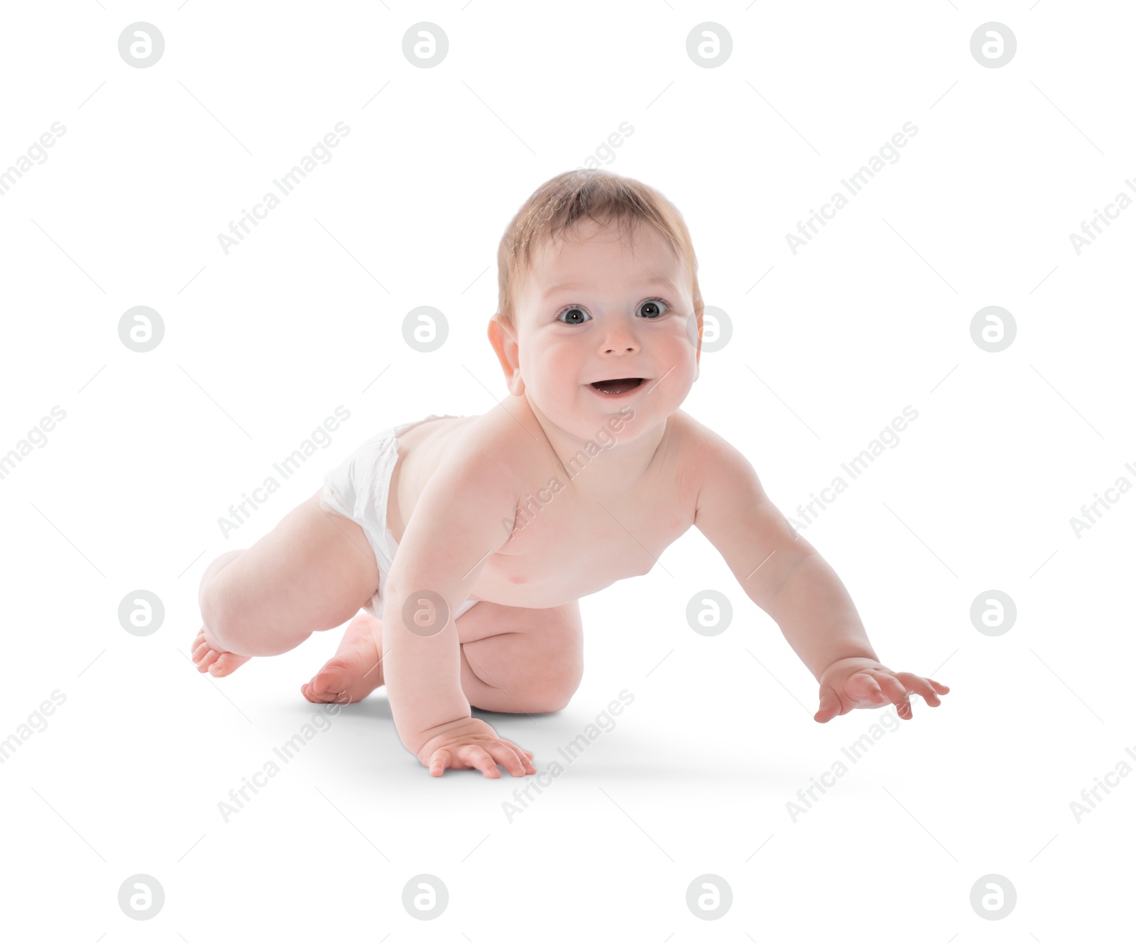 Cute little baby crawling on white background Photo of Cute little baby crawling on white background