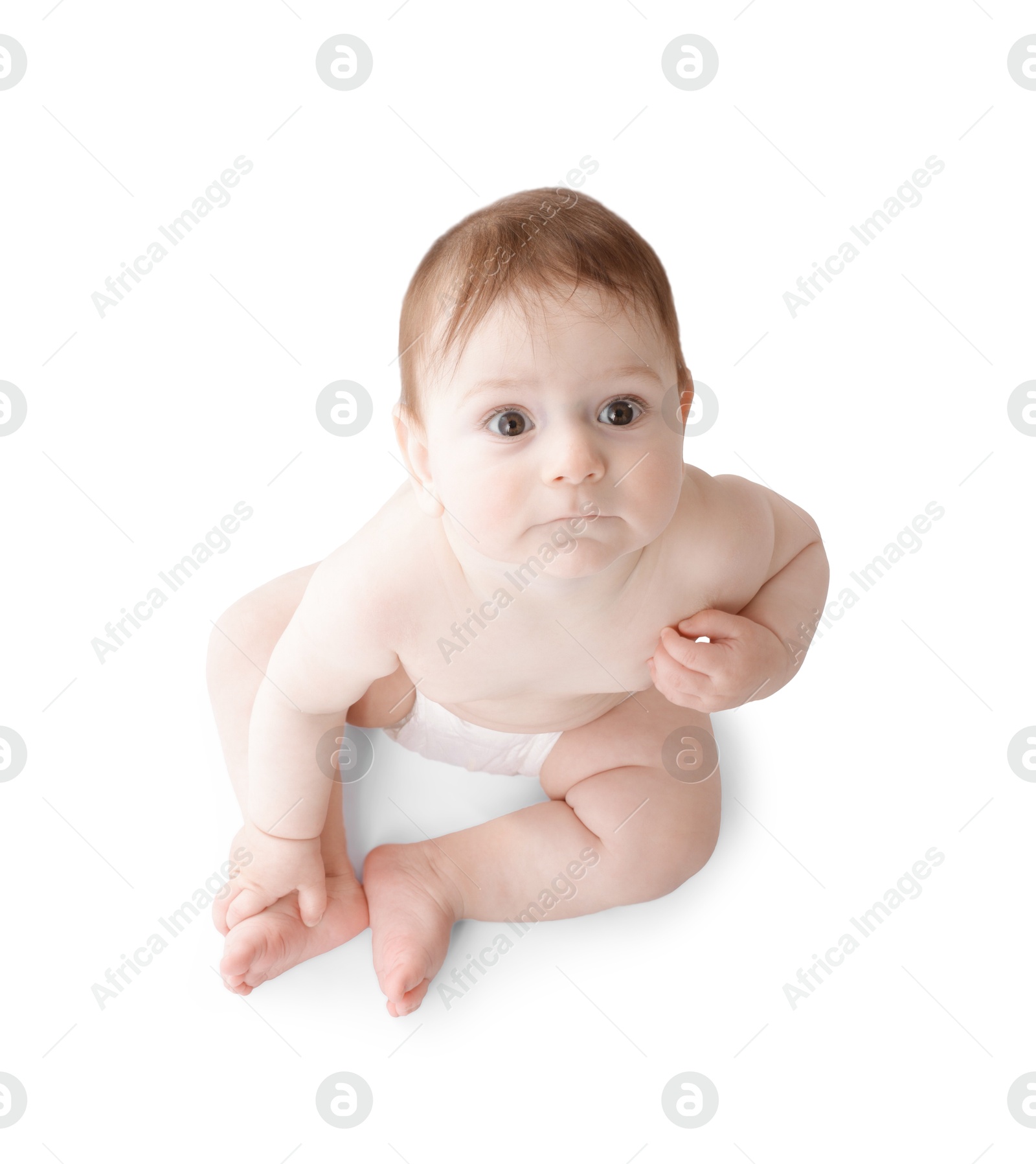 Cute little baby in diaper sitting on white background, above view Photo of Cute little baby in diaper sitting on white background, above view