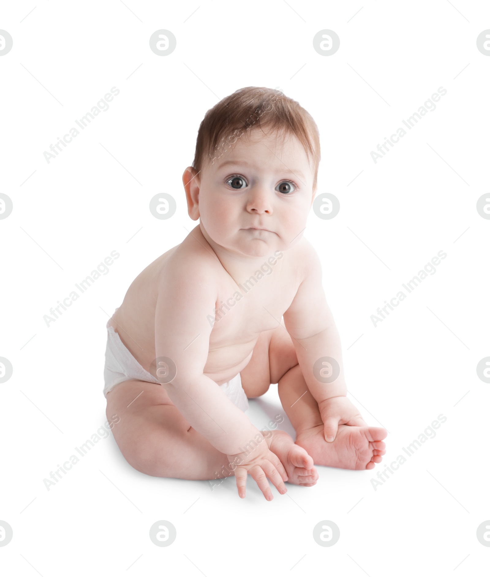 Cute little baby in diaper sitting on white background Photo of Cute little baby in diaper sitting on white background