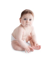 Photo of Cute little baby in diaper sitting on white background