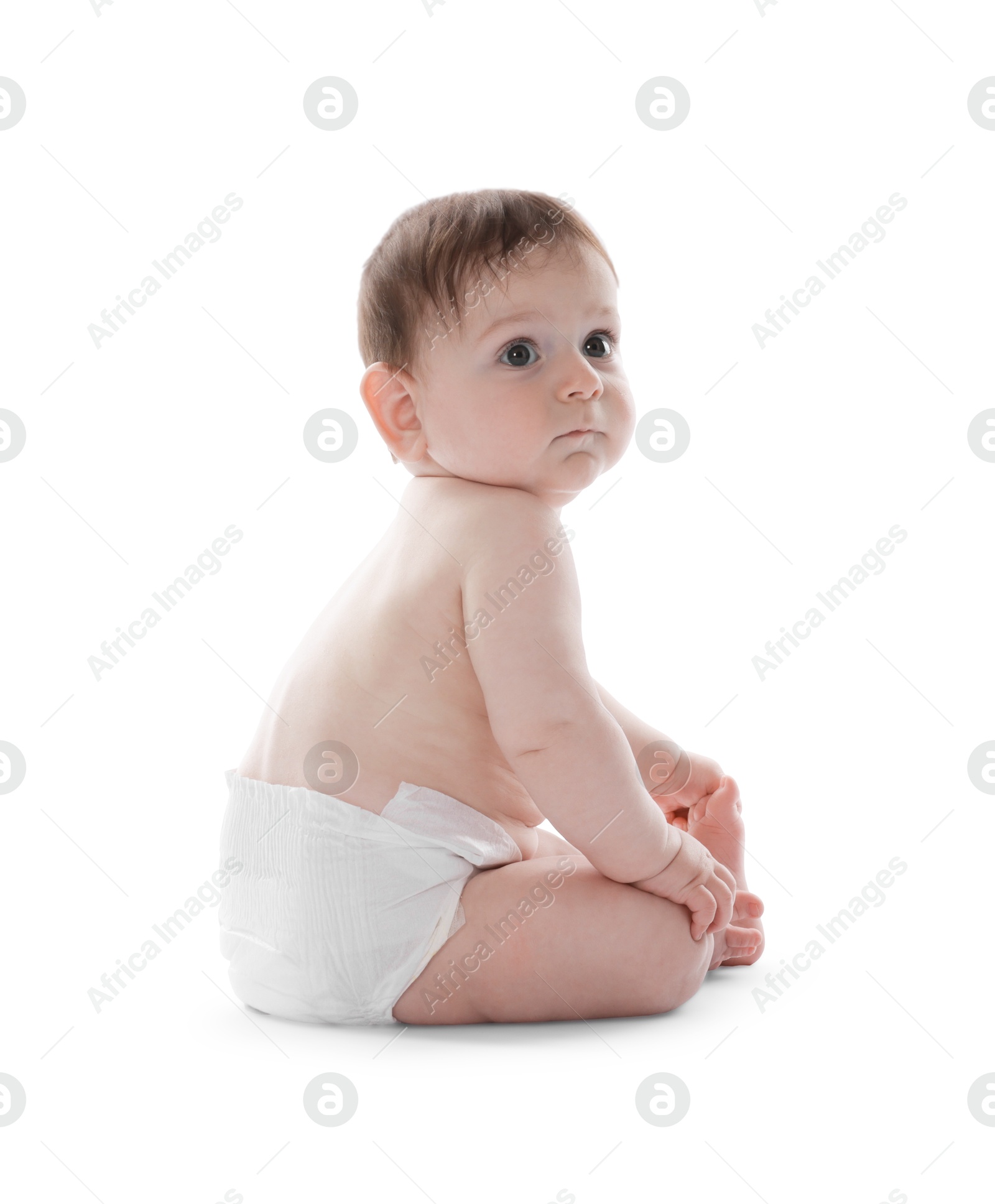 Cute little baby in diaper sitting on white background Photo of Cute little baby in diaper sitting on white background