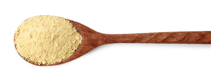 Photo of Superfood. Wasabi powder in spoon isolated on white, top view