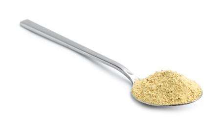 Photo of Superfood. Wasabi powder in spoon isolated on white