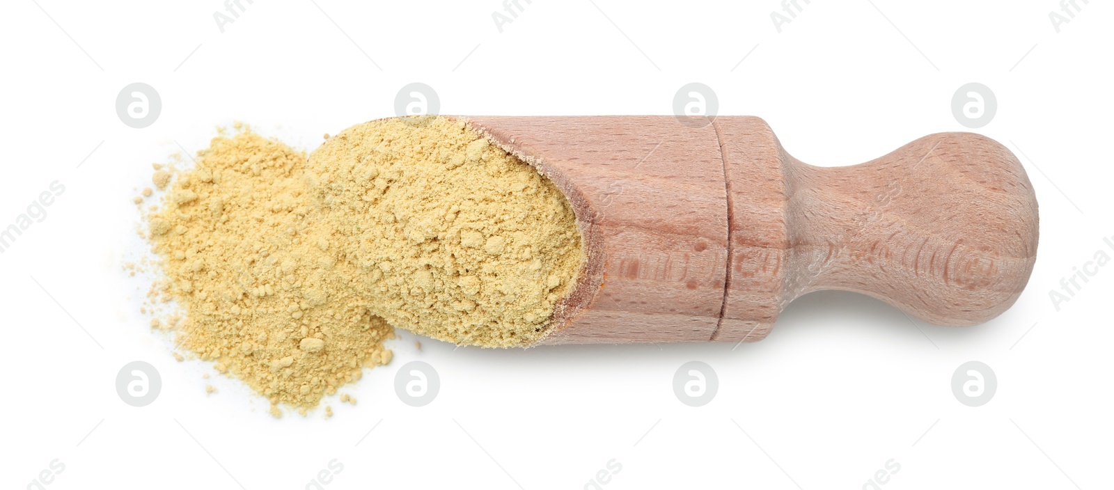 Superfood. Wasabi powder and scoop isolated on white, top view Photo of Superfood. Wasabi powder and scoop isolated on white, top view