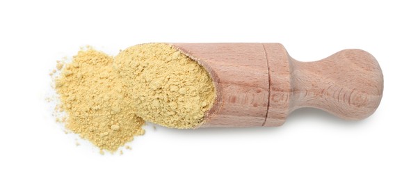 Photo of Superfood. Wasabi powder and scoop isolated on white, top view