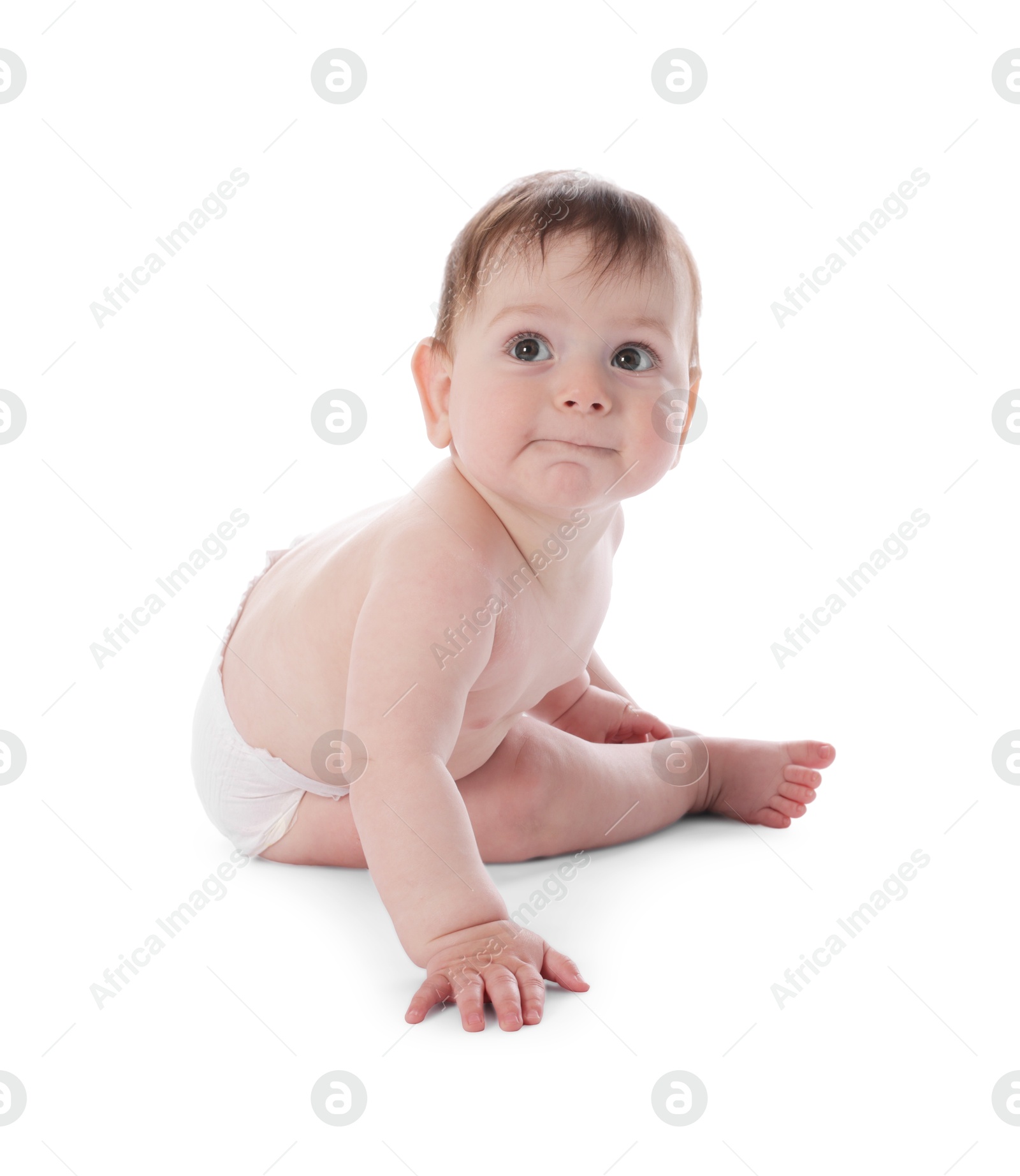 Cute little baby crawling on white background Photo of Cute little baby crawling on white background