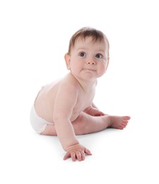 Photo of Cute little baby crawling on white background