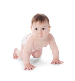 Photo of Cute little baby crawling on white background