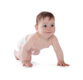 Photo of Cute little baby crawling on white background