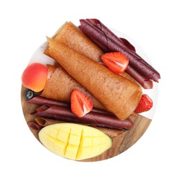 Photo of Delicious fruit leather rolls, berries and mango isolated on white, top view