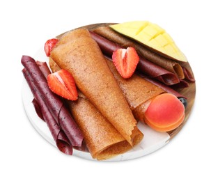 Photo of Delicious fruit leather rolls, berries and mango isolated on white, above view
