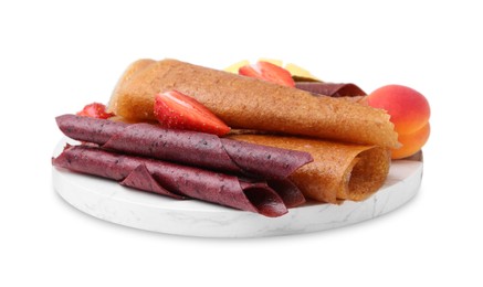 Photo of Delicious fruit leather rolls, strawberry and apricot isolated on white