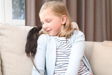 Photo of Little girl with cute black rat on sofa at home
