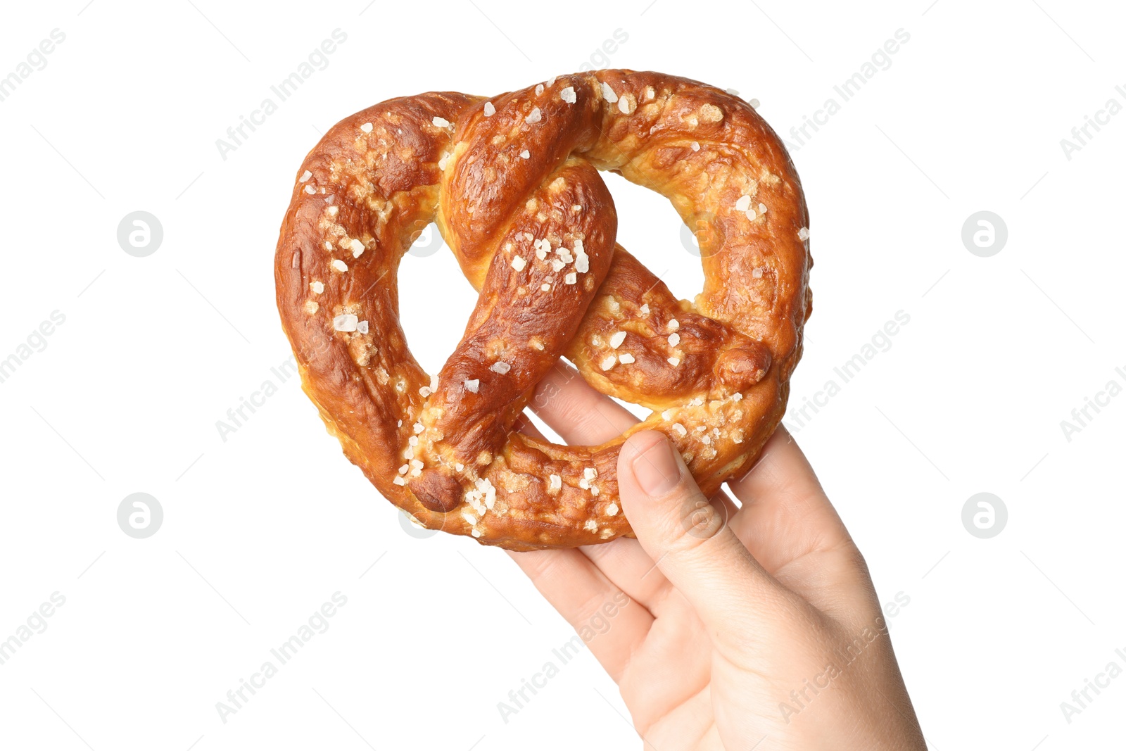 Woman with tasty pretzel on white background, closeup Photo of Woman with tasty pretzel on white background, closeup