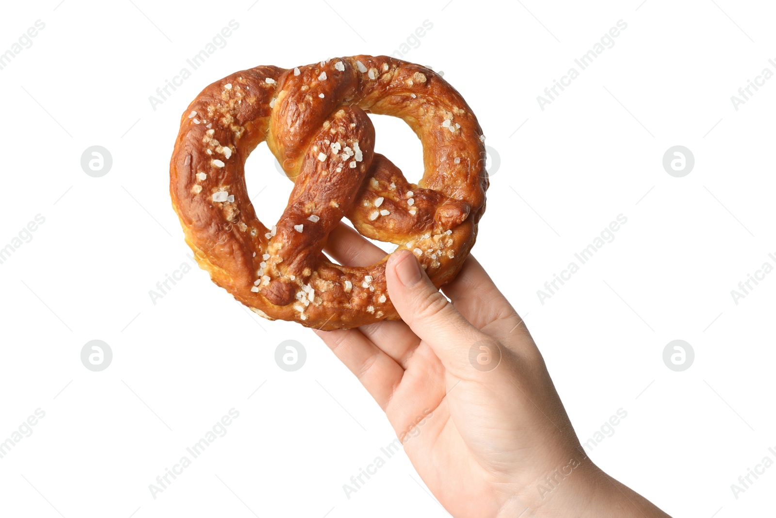 Woman with tasty pretzel on white background, closeup Photo of Woman with tasty pretzel on white background, closeup
