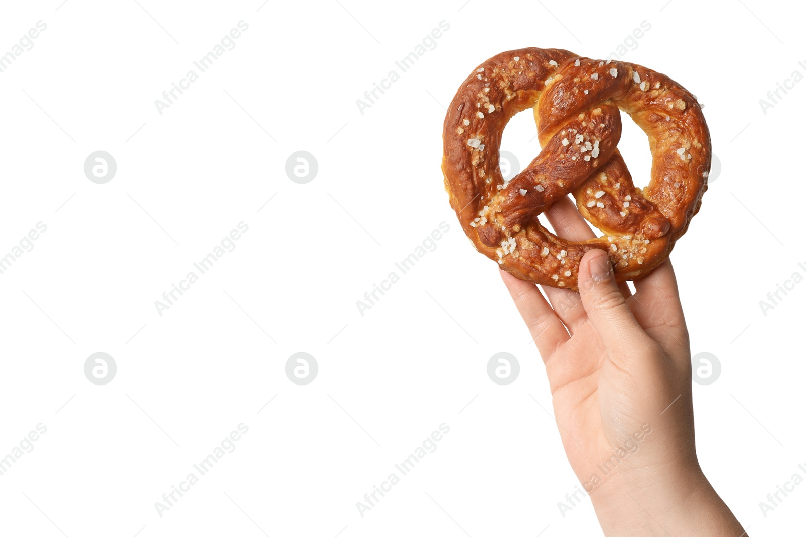 Woman with tasty pretzel on white background, closeup Photo of Woman with tasty pretzel on white background, closeup