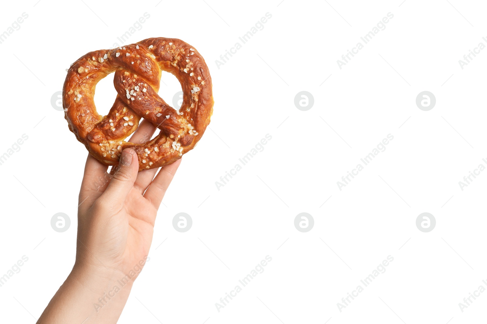 Woman with tasty pretzel on white background, closeup Photo of Woman with tasty pretzel on white background, closeup