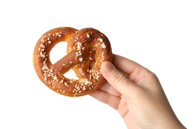 Photo of Woman with tasty pretzel on white background, closeup