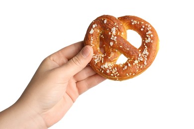 Photo of Woman with tasty pretzel on white background, closeup
