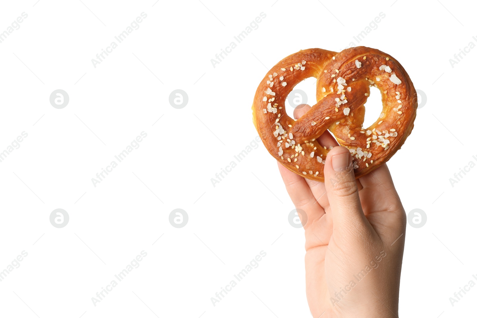 Woman with tasty pretzel on white background, closeup Photo of Woman with tasty pretzel on white background, closeup