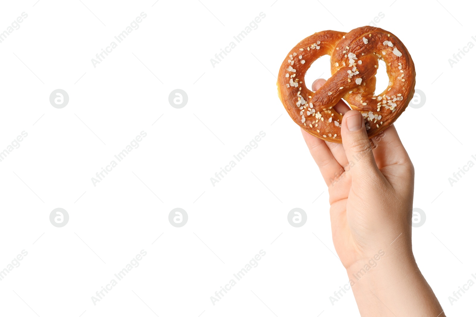 Woman with tasty pretzel on white background, closeup Photo of Woman with tasty pretzel on white background, closeup