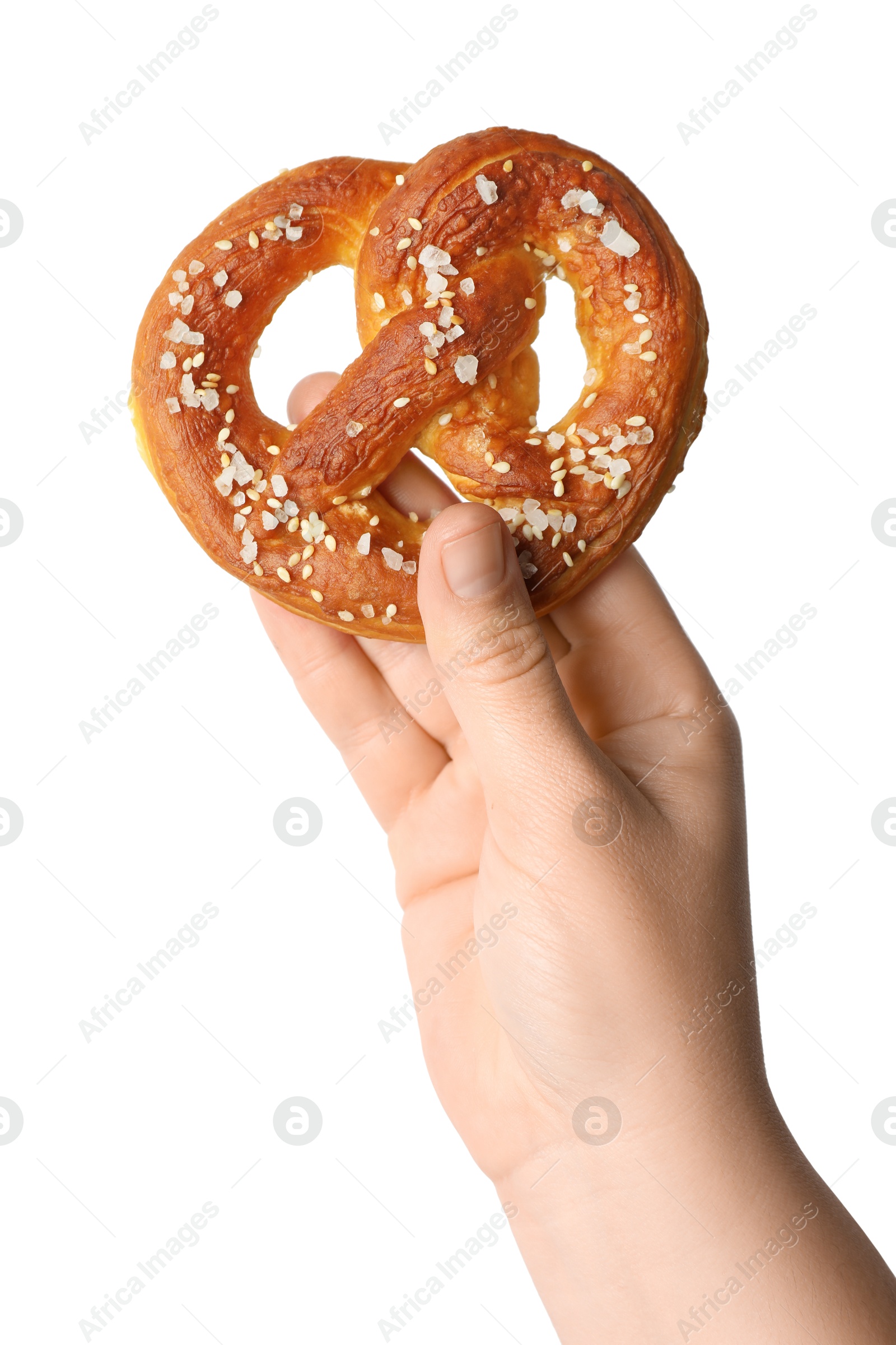 Photo of Woman with tasty pretzel on white background, closeup