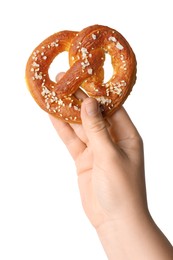 Photo of Woman with tasty pretzel on white background, closeup