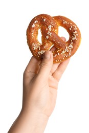 Photo of Woman with tasty pretzel on white background, closeup