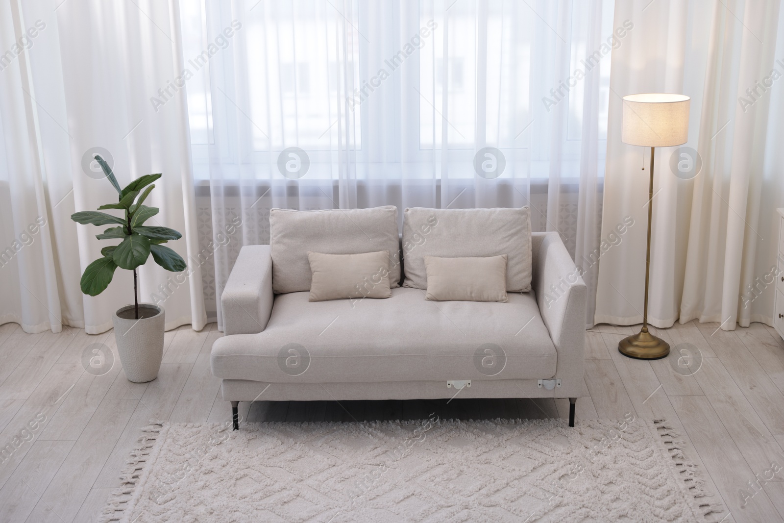Photo of Stylish living room interior. Sofa, lamp and plant indoors