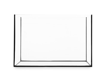 Photo of One empty glass aquarium isolated on white