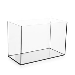 Photo of One empty glass aquarium isolated on white